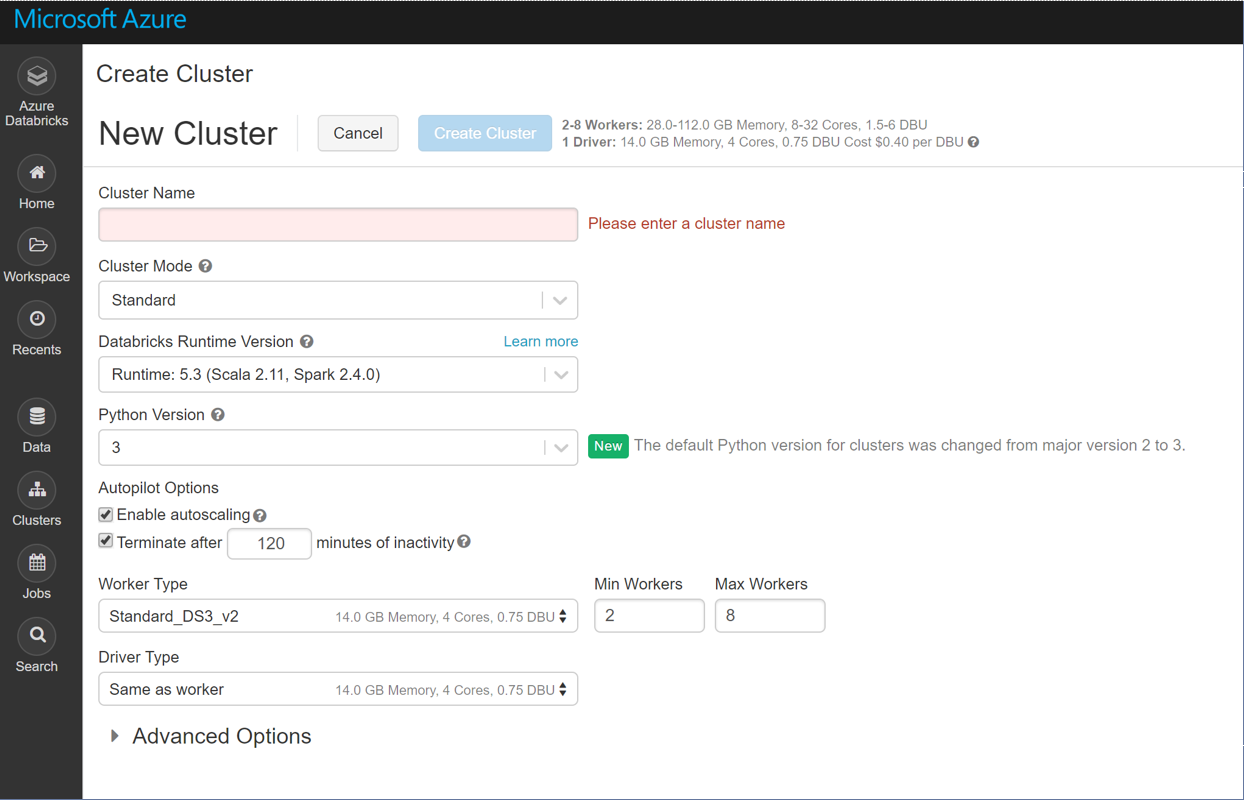 Screenshot of Databricks cluster creation